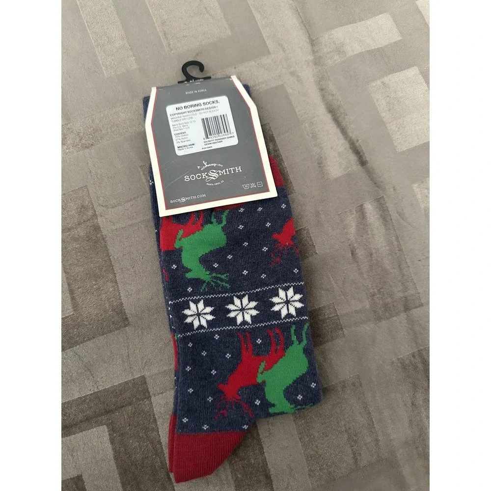 Socksmith Socks Mens One Size Blue Christmas Reindeer Snowflake‎ Cotton Crew